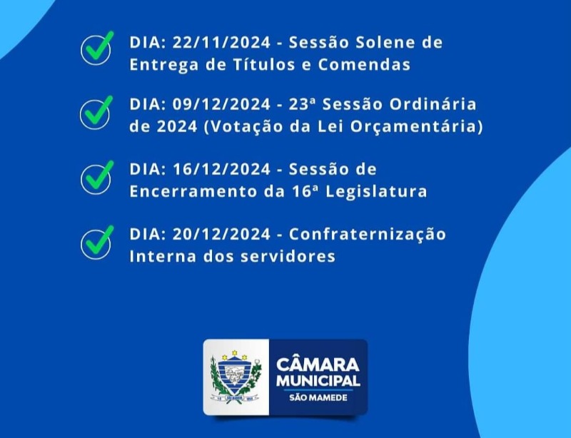 Cmara de So Mamede divulga cronograma de sesses e eventos para o fim do ano