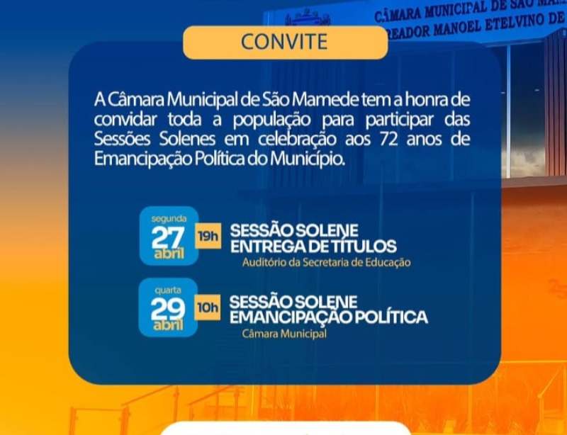 C�mara de S�o Mamede realizar� duas sess�es solenes em comemora��o aos 72 anos de Emancipa��o Pol�tica do Munic�pio